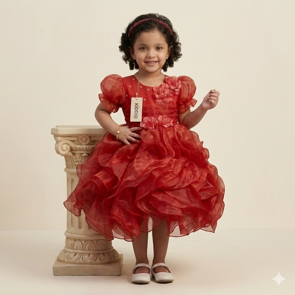 Girl's Elegant Ruffled Red Party Dress
