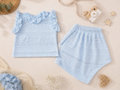 KIDDIO Baby Girls Light Blue Eyelet ChikanKari Ruffle Top & Skirt Set