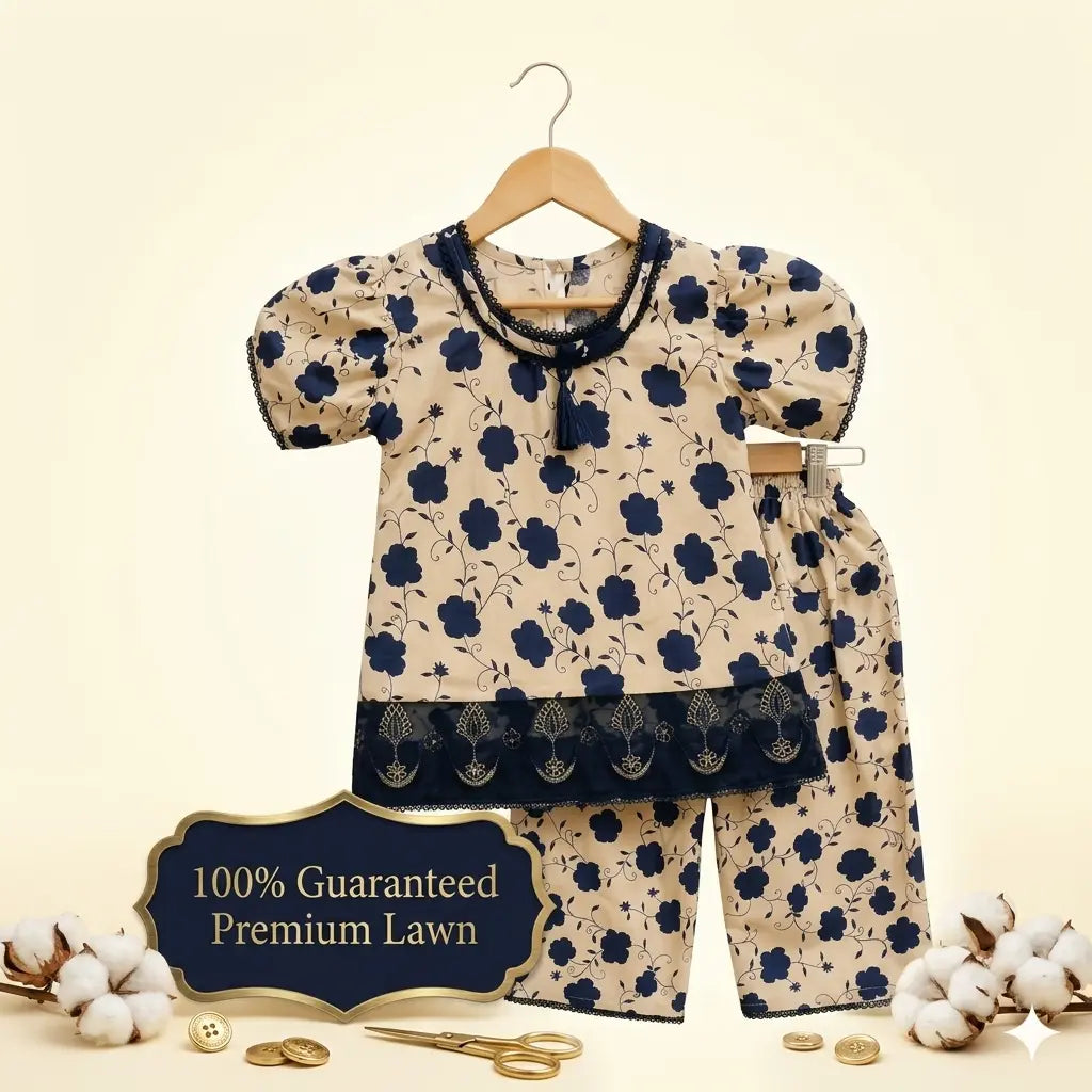 A two-piece baby outfit set consisting of a short-sleeve top and matching pants, displayed on a wooden hanger against a warm cream background. The set features a beige base with a navy blue floral pattern, a navy blue lace-trimmed collar and hem, and decorative embroidered details.