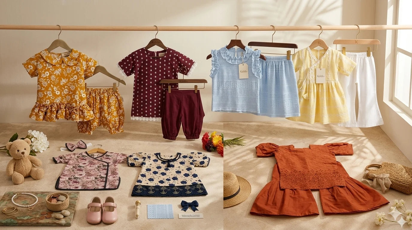 A collection of children's clothing displayed on hangers and laid out on a floor in a bright, sunlit room. The garments include floral and patterned dresses, shorts, and tops in yellow, burgundy, light blue, white, pink, and rust orange, with small accessories like a teddy bear, hat, shoes, and flowers.