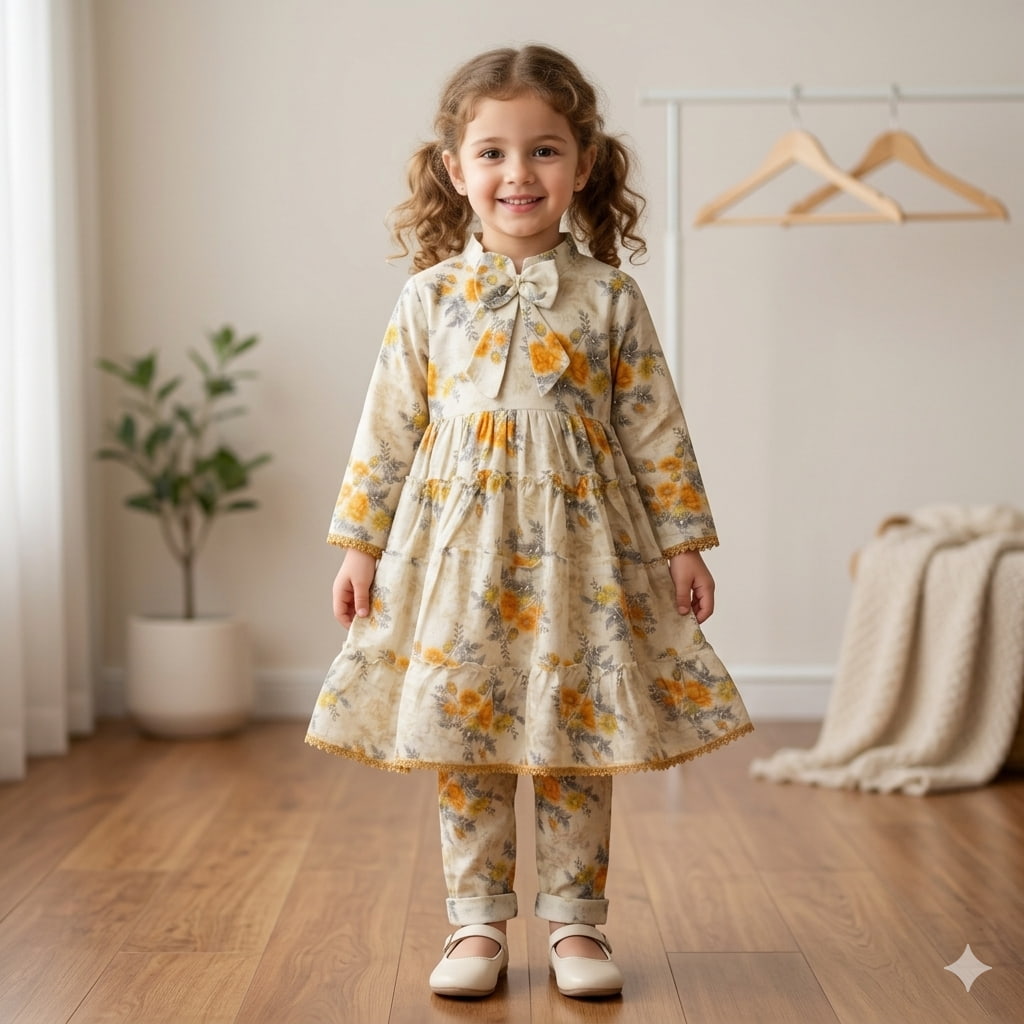 A young girl with curly brown hair stands smiling in a bright room, wearing a cream-colored tiered dress with a yellow and gray floral pattern, matching pants, and white shoes.