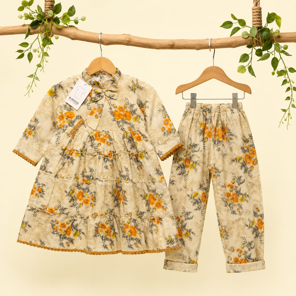 A two-piece children's outfit set consisting of a long-sleeve tiered dress and matching pants, both in a beige fabric with a yellow-orange floral print and gray-green leaves. The dress is on a wooden hanger with a white tag attached, and the pants are on a wooden hanger, hanging from a decorative wooden branch with hanging green leaves.