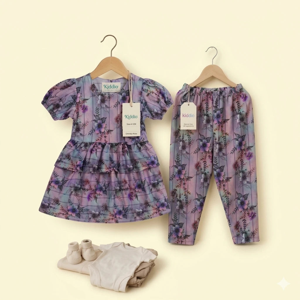 A baby clothing set from Kddio on wooden hangers against a pale cream background, featuring a short-sleeve dress, matching pants, and a small folded cream bodysuit. The dress and pants have a purple and lavender floral pattern.