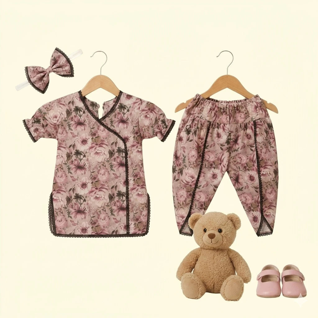 A baby clothing set displayed on hangers against a light cream background, including a short-sleeve floral top with dark trim, matching floral pants, a matching bow headband, a teddy bear, and pink shoes.