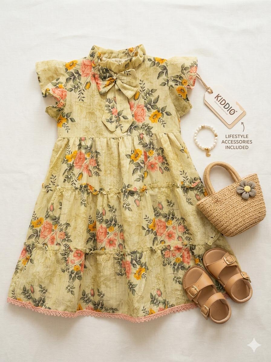 Floral dress with accessories on a white background