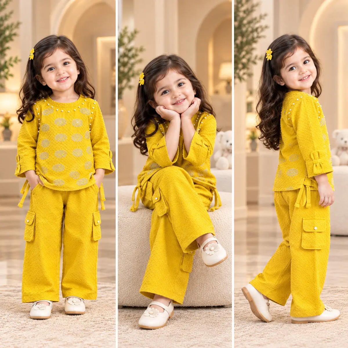 A toddler girl is shown in three poses wearing a bright yellow two-piece outfit with a textured patterned top and matching cargo pants, set against a warm, softly lit indoor background.